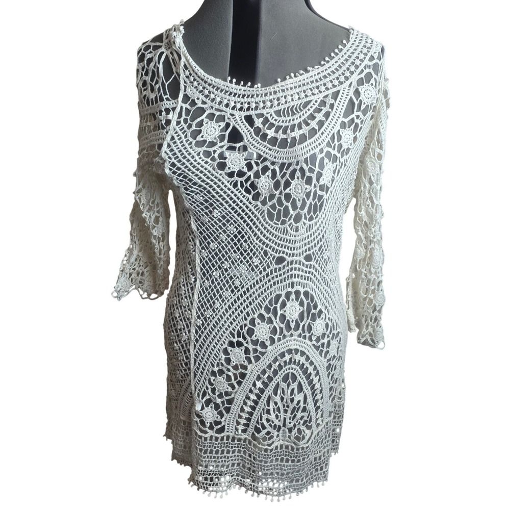 Vintage Crochet Lace Open Back‎ Mini Dress Cream Festival Boho